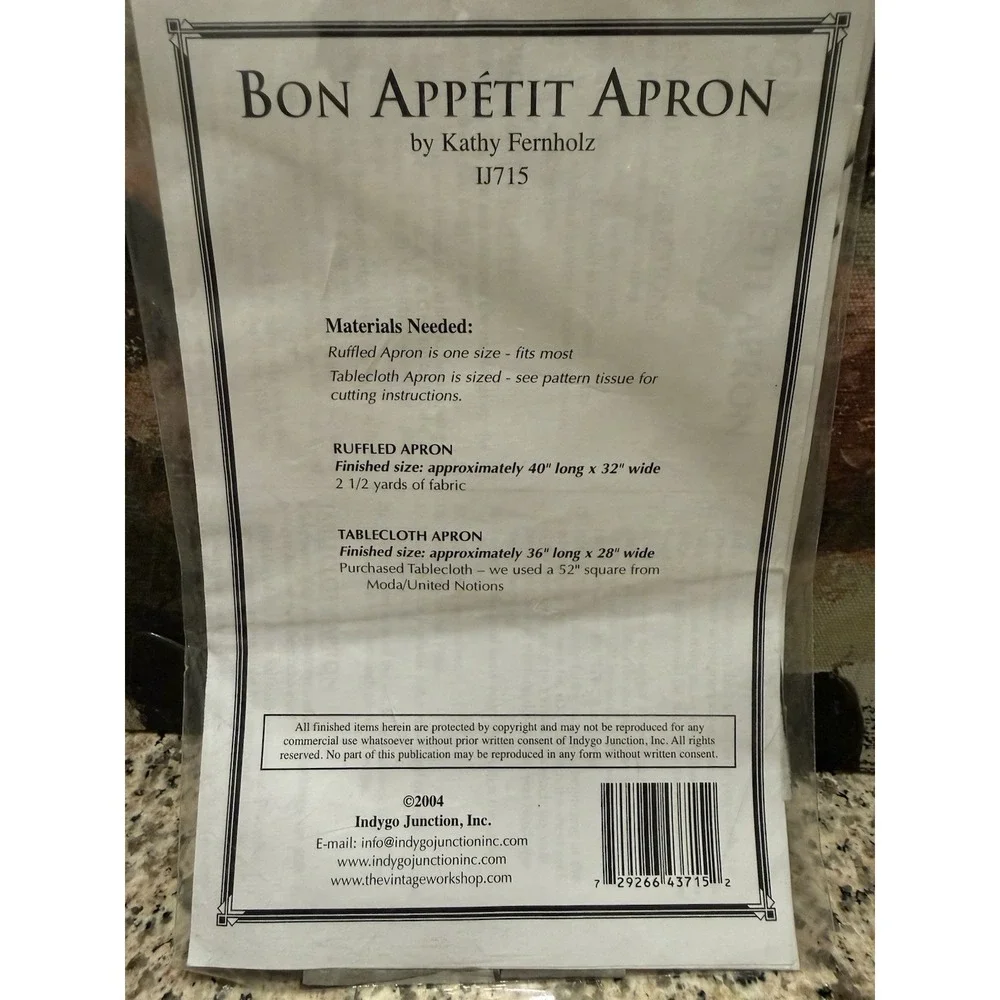 Indygo Junction 2004 Kitchen Charm Apron Pattern #IJ715 Full Or Half